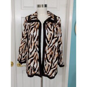 Chicos Open Front Blazer Browns Zebra Pattern 3/4 Sleeve Button tabs Sz 3( XL)